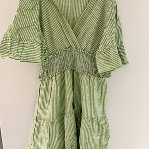 Green Striped Boho Dress with Ruffle Sleeves